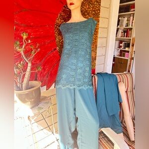 New Women's 3 Piece Teal Lace Tunic & Wide-Leg Pant Set